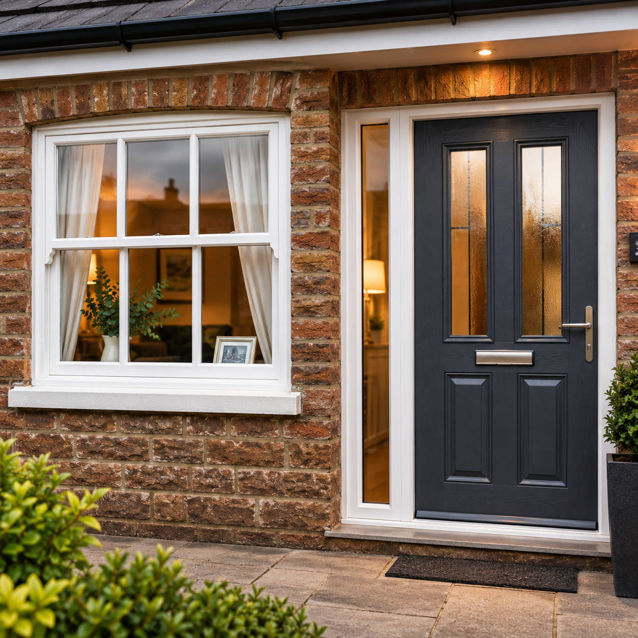 House front with a white window and a grey composite door